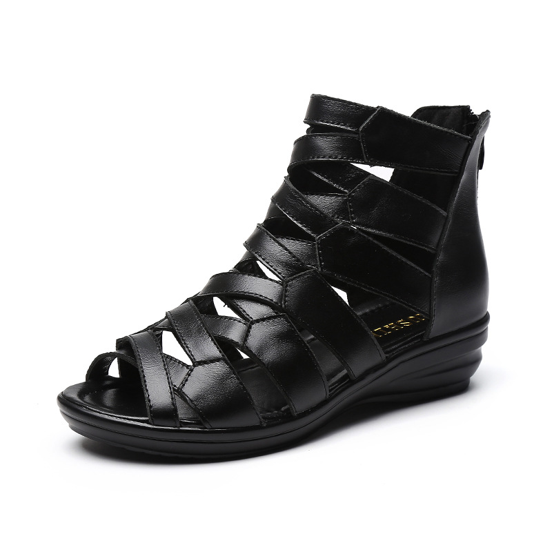 Leather comfortable sandals wedge heel flat