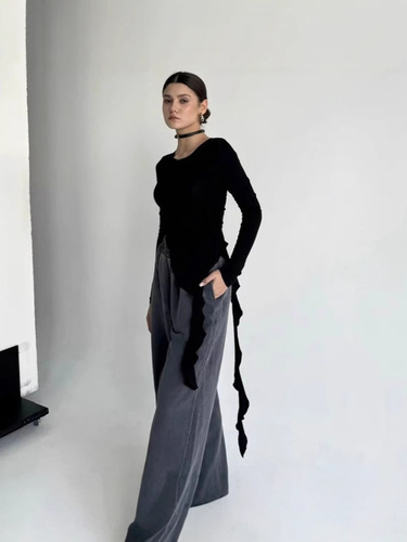 Women's Unstructured Collared T-shirt with Hemming and Lace Trim, Autumn 2024 Collection