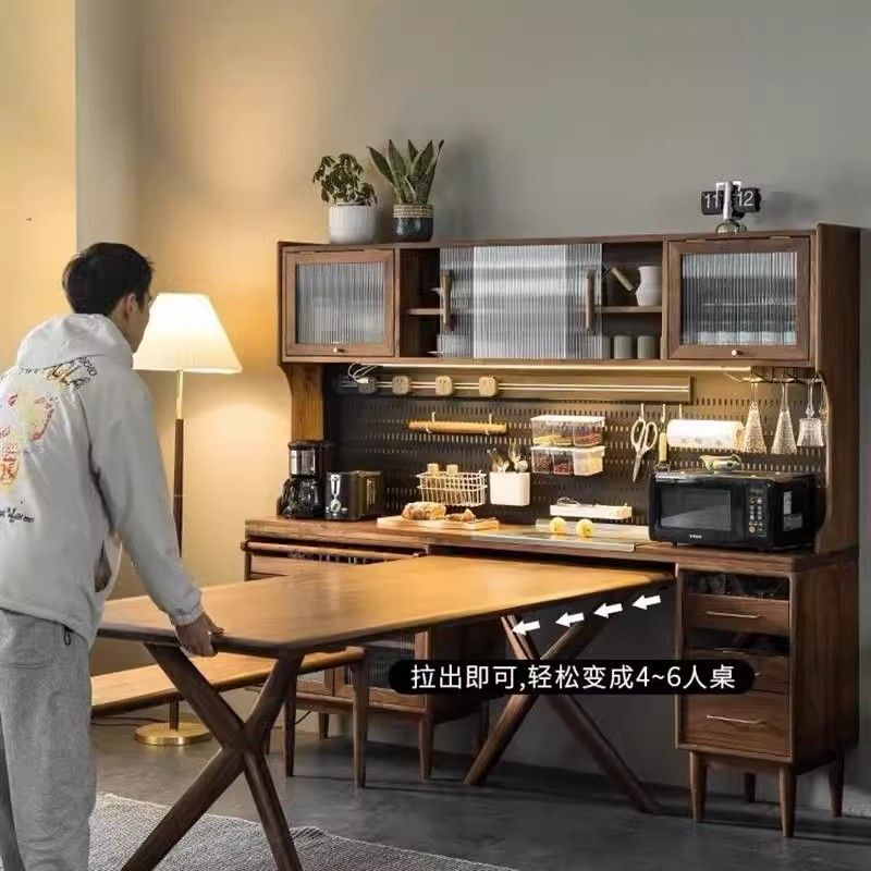 Solid Wood Sideboard Perforated Board Dining Table Retractable Integrated Wall High Cabinet with Built-In Table Wine Cabinet Kitchen Cabinet Living Room