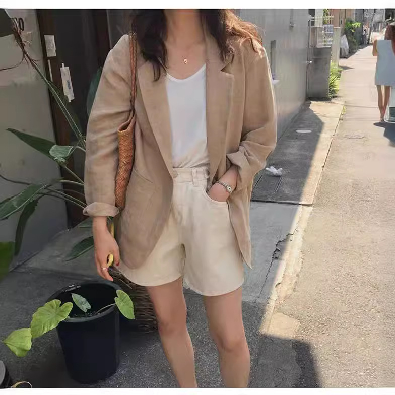 2024 Early Spring New Korean Loose Linen Small Suit British Style Shirt Top Cotton and Linen Suit Jacket for Women