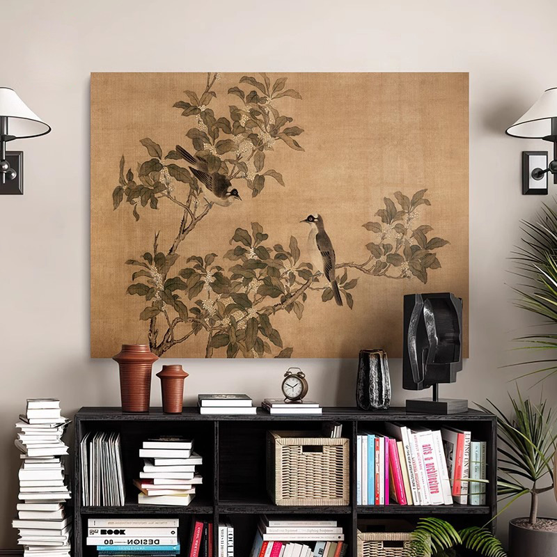 中世スタイルのリビングルームのソファの背景の壁の装飾絵画レトロな研究吊り絵画新しい中国の宋王朝の美的花と鳥の壁画|undefined