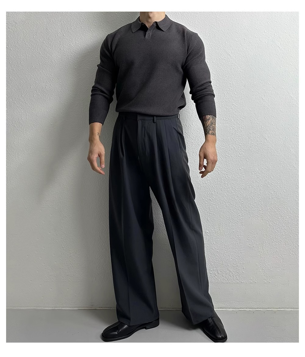 Oversized Polo Knit Sweater For Men – Business Casual Long Sleeve Pullover, Plus Size European Fit (Black/Beige/Gray)_viptrois.com