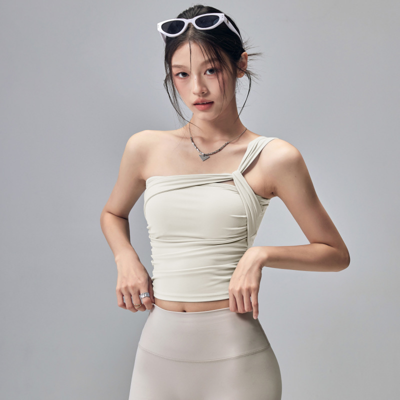 时髦单肩美背瑜伽内衣女固定胸垫防震运动背心健身普拉提训练文胸|undefined