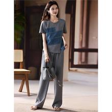 牛仔拼接套装女夏季大码t恤长裤两件套2025年新款欧洲站女装