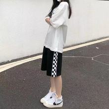 棋盘格阔腿短裤女夏季韩版宽松学生黑白格百搭休闲运动裤子ins潮