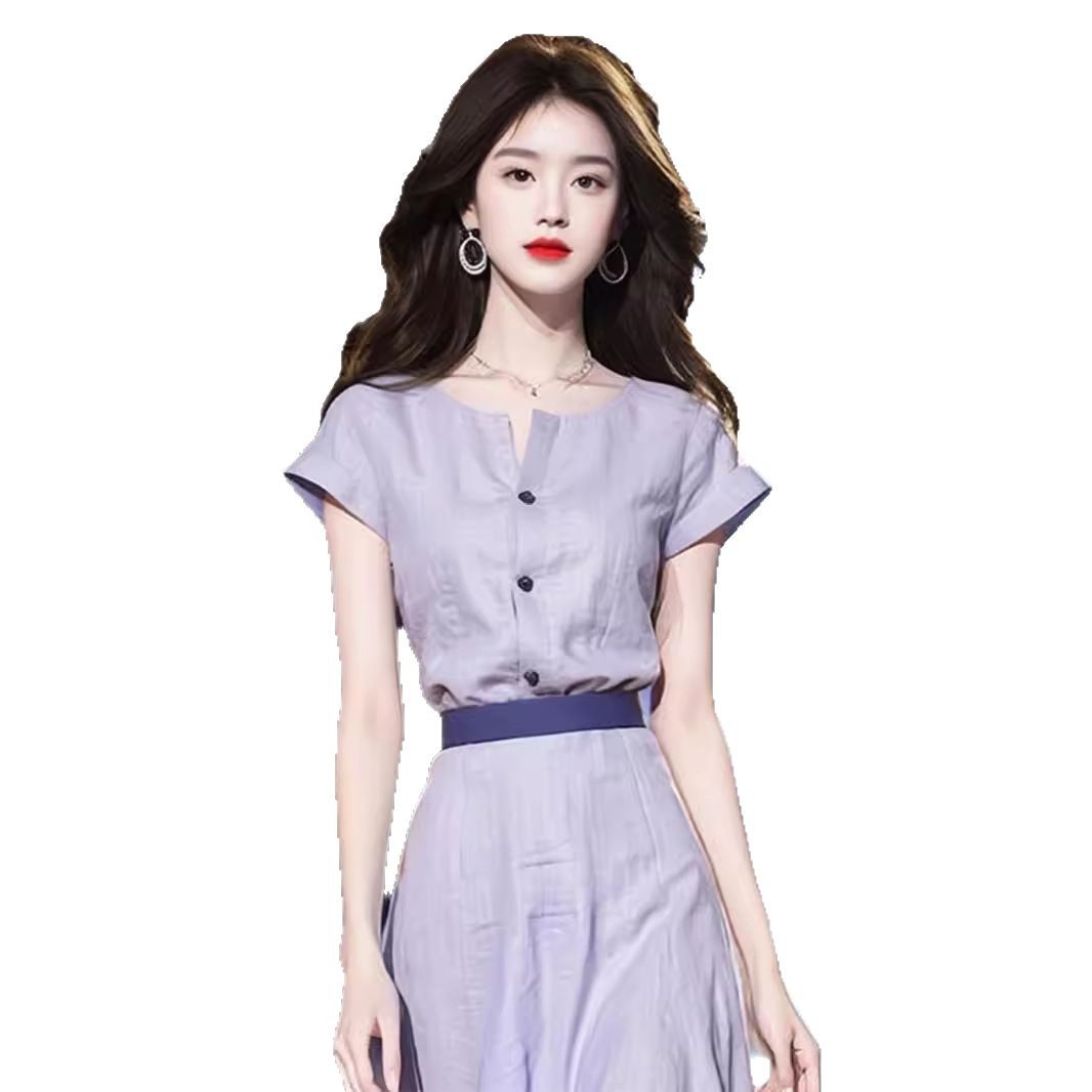 Váy liền thân dáng suông midi phong cách công chúa Hàn Quốc, chất liệu mềm mịn, màu tím khoai môn — Tím khoai môn