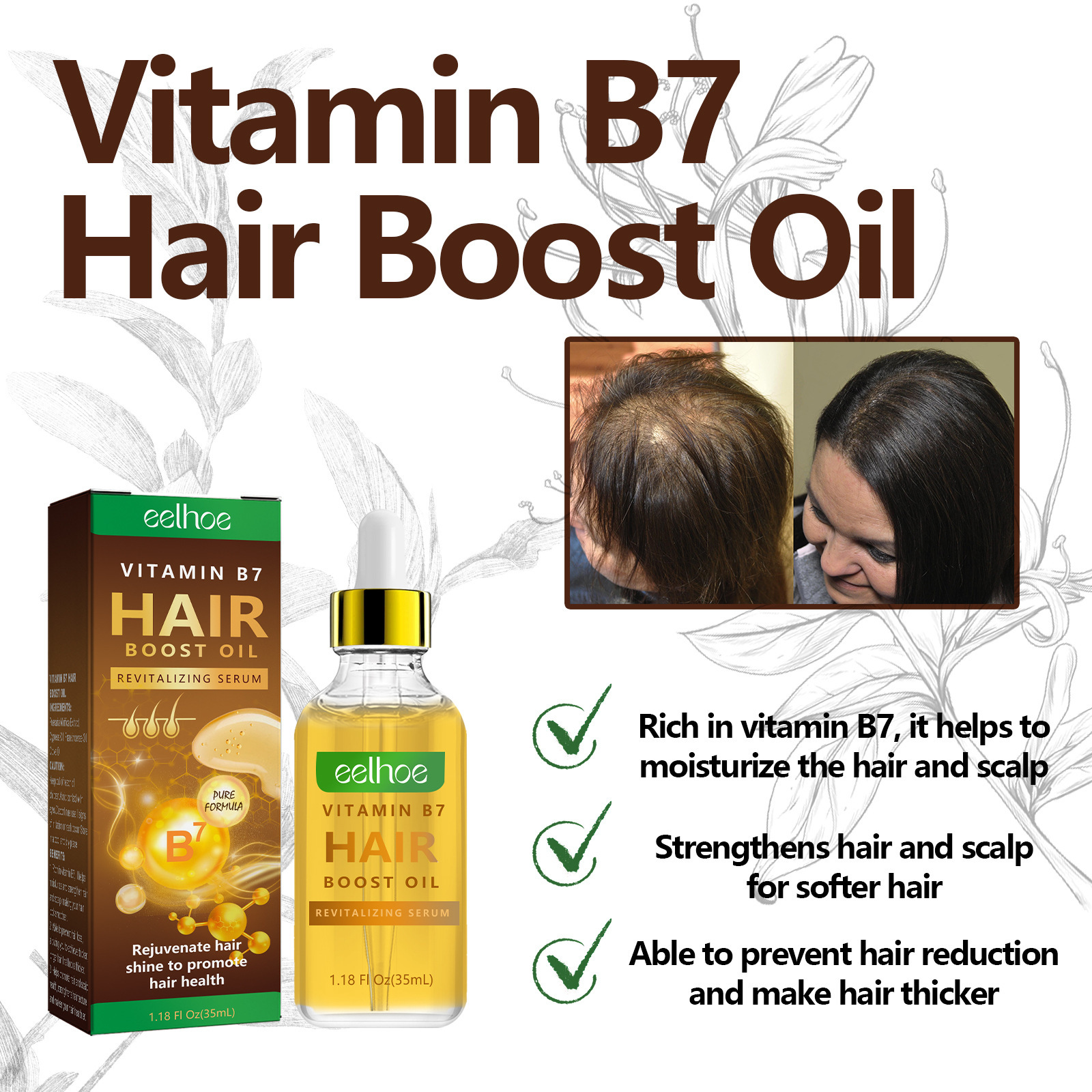 Esența de îngroșare a părului EELHOE întărește rădăcinile părului, hidratează scalpul, îngroașă părul, previne căderea părului și protejează esența părului._voghion.com