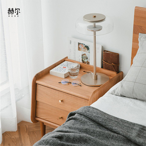 Nordic solid wood nightstand with minimalist modern design, suitable for small bedroom storage, cherry wood nightstand