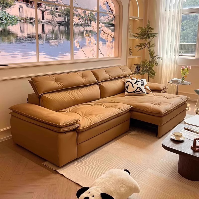 Sofá recto de cuatro personas gato rascando la piel crema viento moderno diseñador de sala de estar pequeño sofá cama eléctrica retráctil