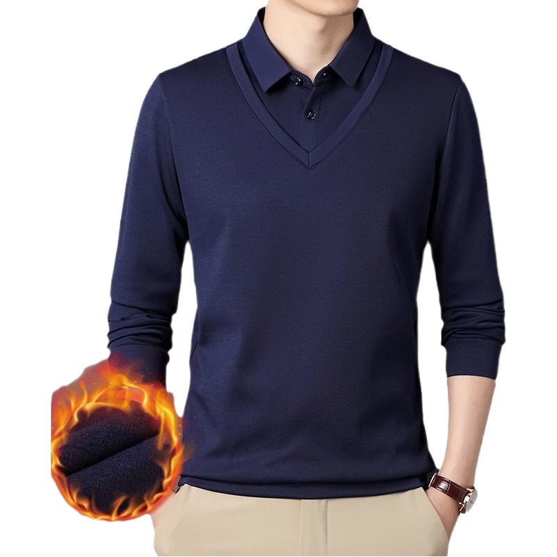 Fleece-forrado cálido falso suéter de dos piezas de los hombres de mediana edad engrosada suéter de solapa papá superior entrega de una pieza