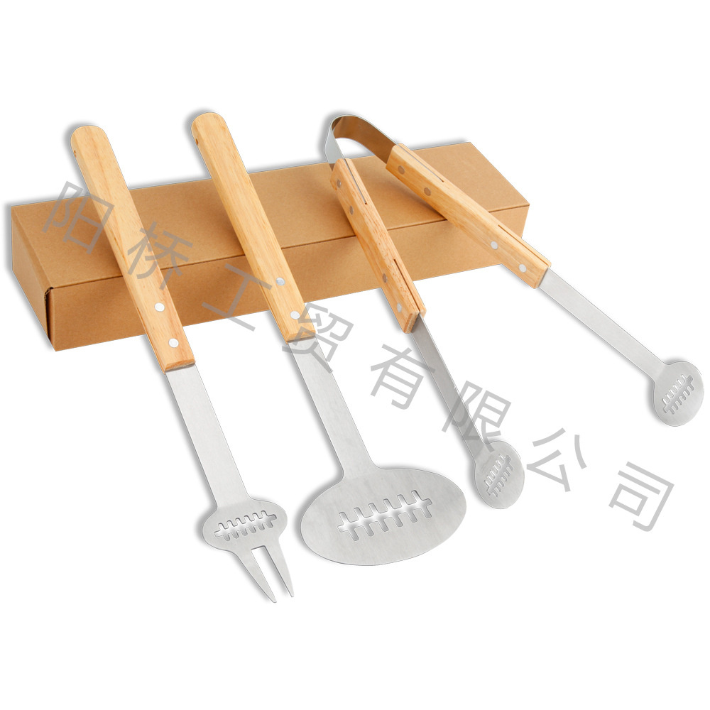 Amazon Hot sale acero inoxidable parrilla al aire libre herramientas de rugby set BBQ hogar mango de madera parrilla set