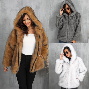 Autumn and Winter Hooded Short Furry Loose Outwear European and American Cross-Border Fashion Casual Imitation Fur Outwear