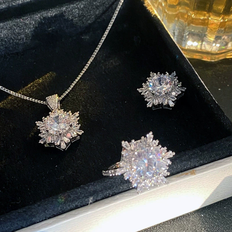 Платиновое кольцо, серьги, набор, стиль лёгкой роскоши, белое золото 18K, со снежинками