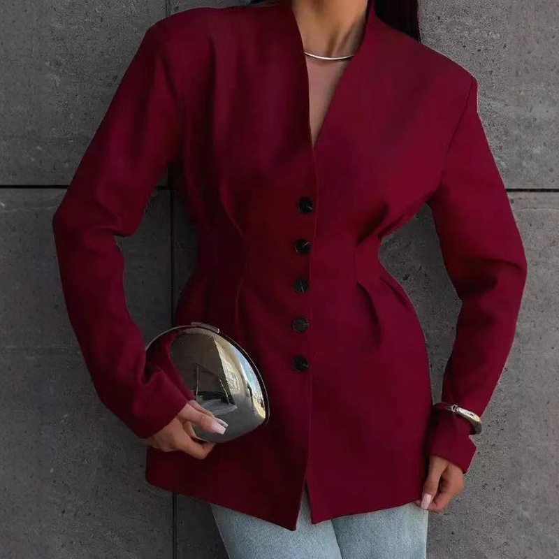 2025 European and American Cross-Border Amazon Autumn and Winter New High-End Retro Single-Breasted Waist-Cinching V-Neck Suit