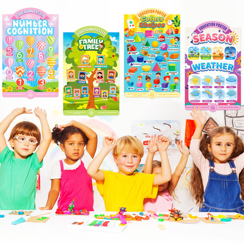 4 pcs/set Fun Educational Toys Cognitive Poster Cross-border Seasonal Family Tree Number Color Shape Wall Art