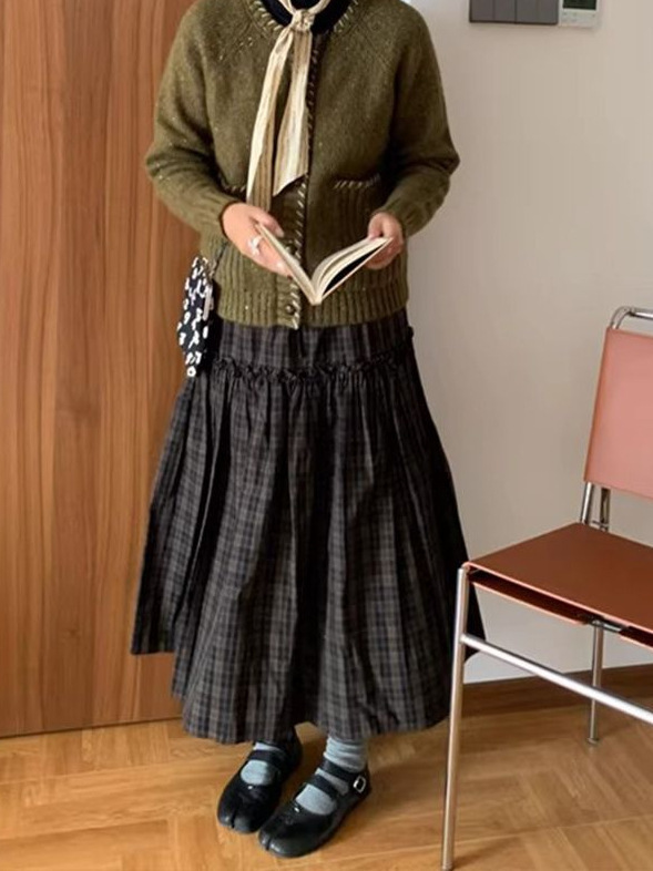 复古格纹拼接分割中长款半身裙女春秋通勤百搭松紧腰a字大摆伞裙|undefined