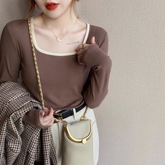 Square collar contrasting slim long-sleeved T-shirt for women's suit inner bottoming shirt autumn and winter thin 2023 new threaded top