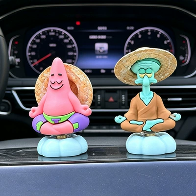 Creative Rotating Patrick Star and Squidward Car Ornaments, Electric Vehicle Interior Dashboard and Exterior Rear Seat Decorations (Car ornaments) - rotate-1-squidward-1-straw-hat-star-with-glue
