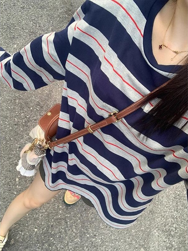 韩系蓝色条纹休闲防晒长袖T恤女夏季宽松慵懒风外搭薄款罩衫上衣|undefined