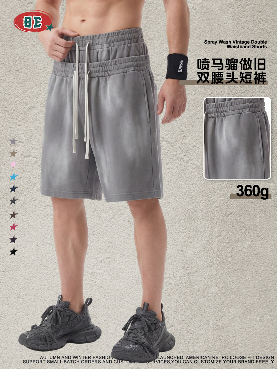 Be Hombres| Pantalones de doble cintura pesados lavados con agua, pantalones cortos de cintura alta, pantalones de moda, pantalones deportivos casuales sueltos, pantalones de cinco puntos