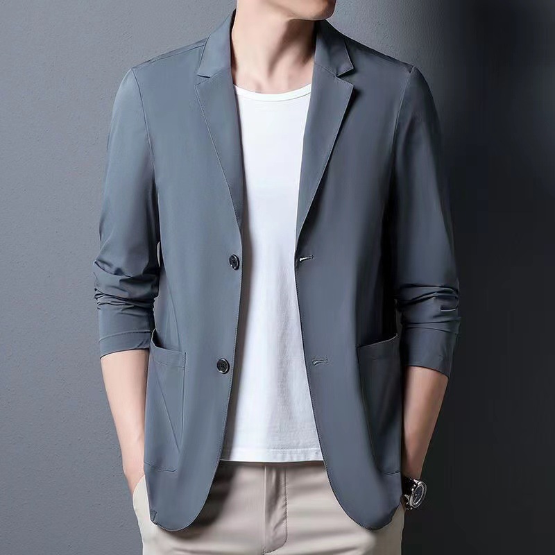 Traje de seda de hielo de verano, ropa de protección solar informal ultrafina para hombres, traje pequeño, chaqueta ligera de primavera y otoño