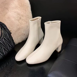 现货~气质方头弹力侧拉链瘦瘦靴子女