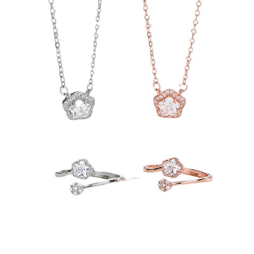 Diamond-embellished cherry blossom necklace to attract love, exquisite open-flower ring, engagement birthday set, lockchain ring gift