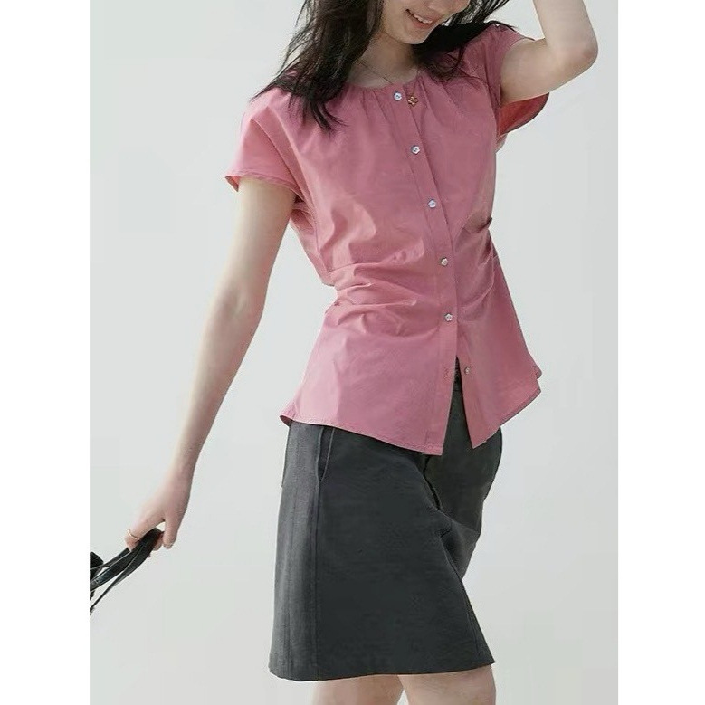 "Mustard Pie Vooe" French-Style Waist-Cinching Pleated Tie Slim-Fit Shirt for Women, New Summer Slimming Commuter Top "Mustard Pie Vooe" French-Style Waist-Cinching Pleated Tie Slim-Fit Shirt for Women, New Summer Slimming Commuter Top