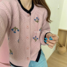 复古撞色手工钩花花朵毛衣开衫女秋冬新款宽松温柔风软糯针织外套
