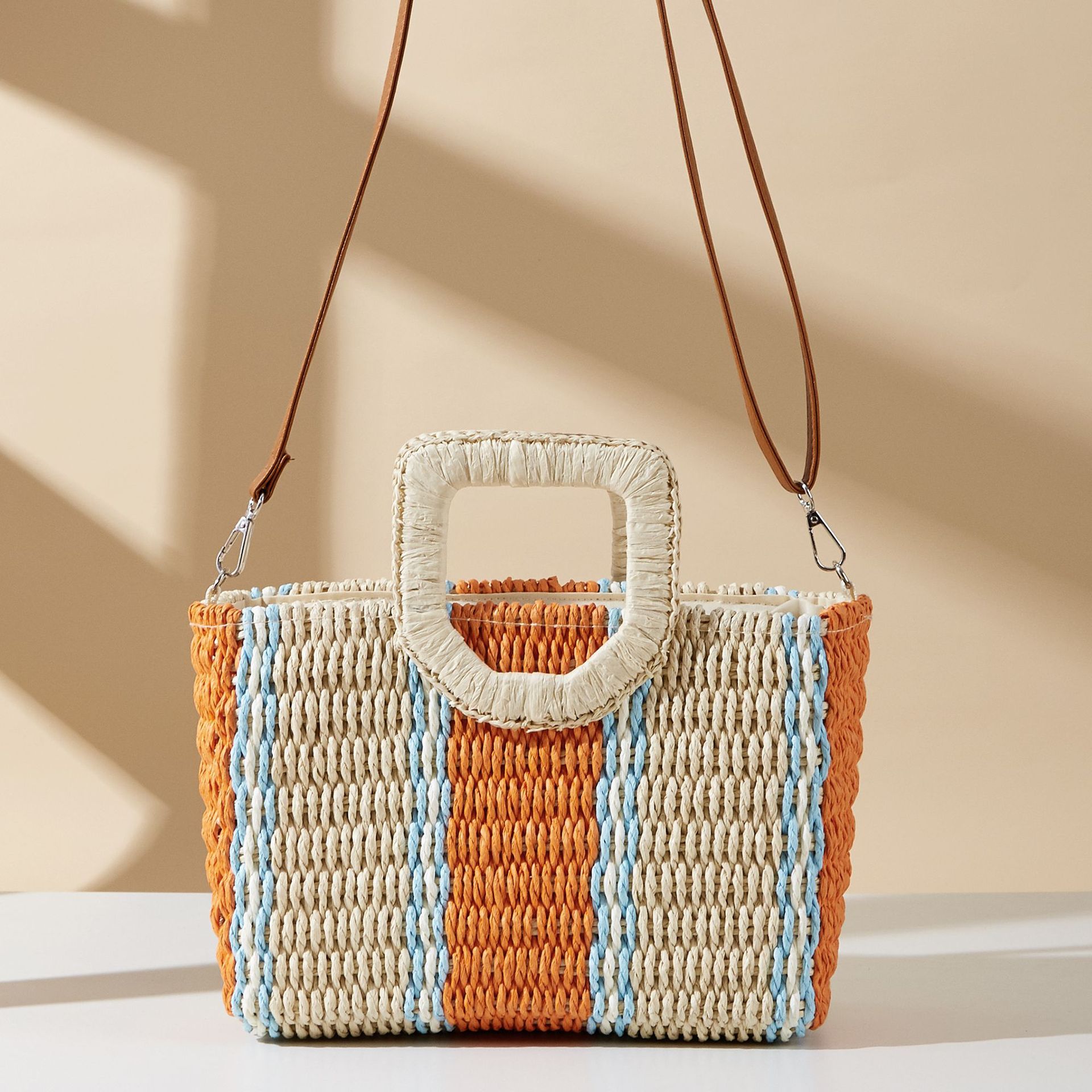 Paper Material Color Block, Stripe Pattern Women's Paper Color Block Stripe Vacation Beach Weave Square Zipper Straw Bag