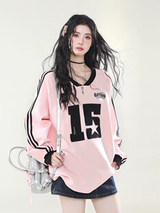 Three bars CVC cotton composite milk silk 300g# V collar sweater women's loose long sleeve T-shirt 2024 autumn new