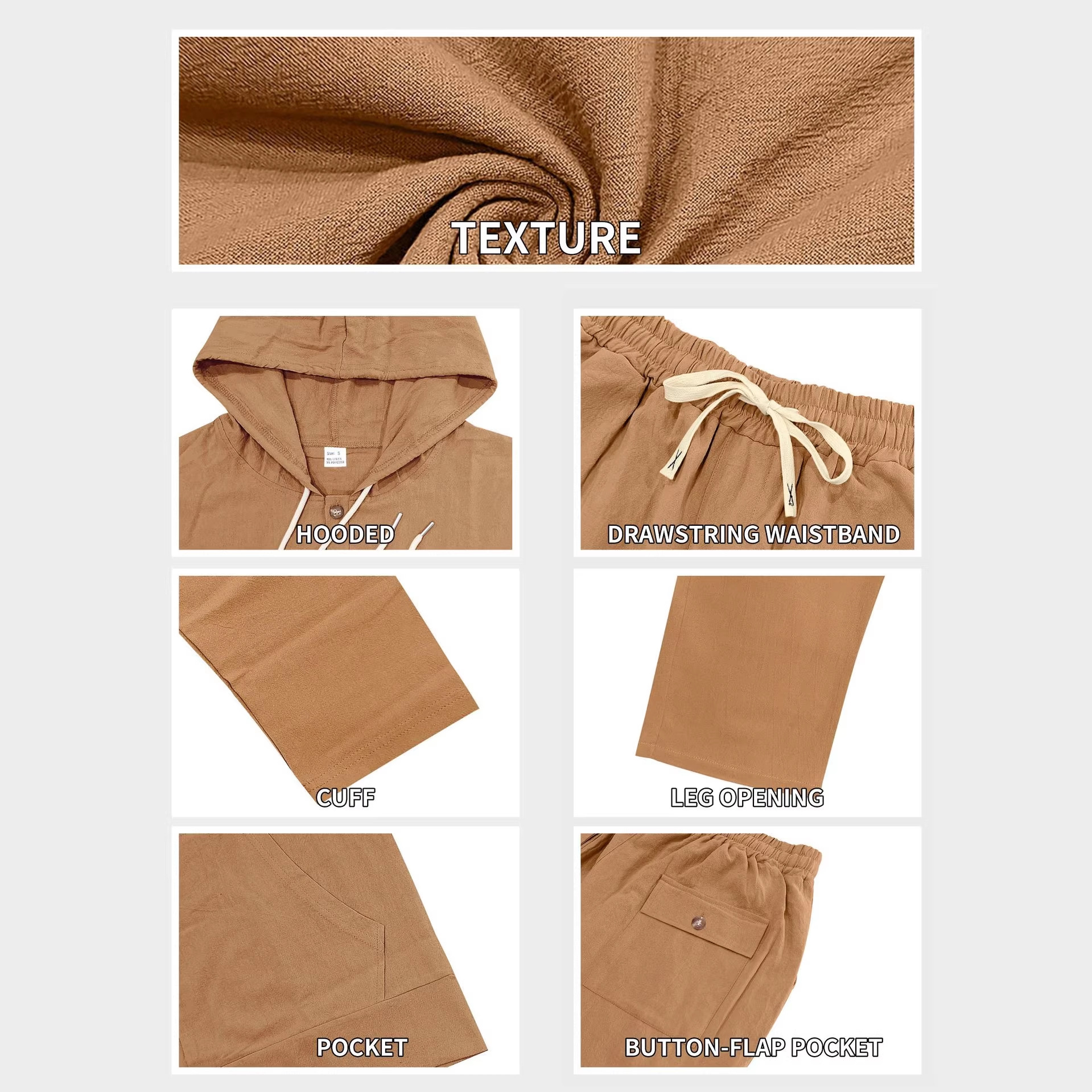 Europa y América transfronterizas primavera nueva lino relajado americano casual simple hombre encapuchado camisa de mangas largas pantalones largos