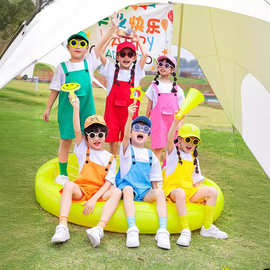 六一儿童表演服装幼儿园糖果色背带裤啦啦队演出服毕业季拍照班服