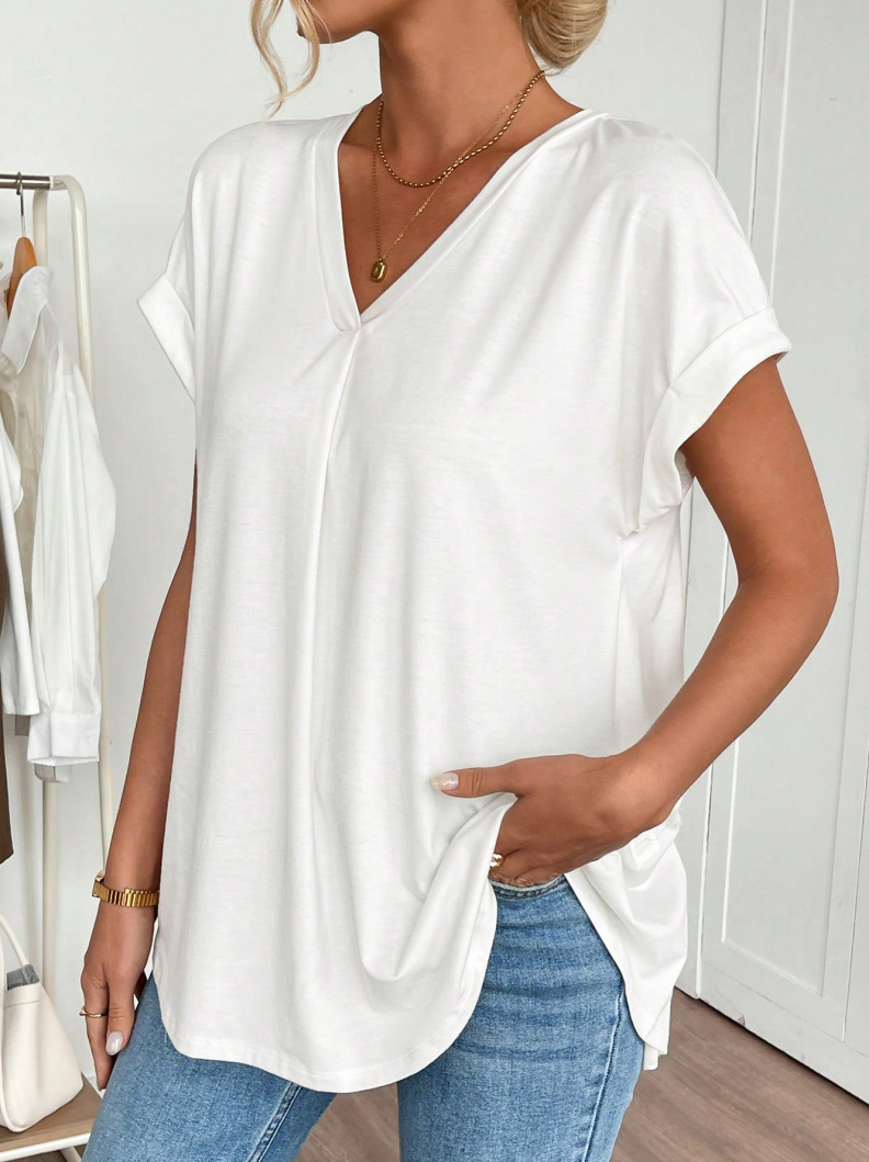 Women's Clothing Spring Women's Cross Border Top V Neck Short Sleeve Pleated Fashionable And Stylish Women's Clothing_ecoleips.com