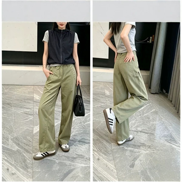 Homemade olive green work pants! Early autumn 100% cotton multi-panel deconstructed pocket curved cut loose jeans~