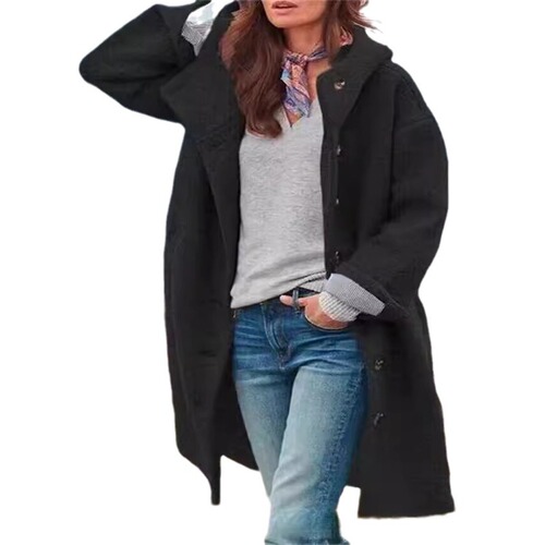Amazon AliExpress 2025 Cross-border European and American Fashion Women's Woolen Coat Solid Color Hooded Temperament Long Jacket