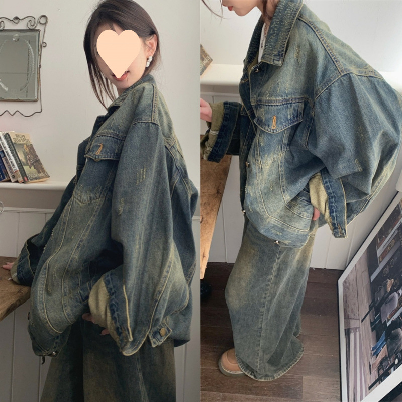 復古水洗牛仔外套女秋季2025新款設計感風領寬鬆長袖上衣潮