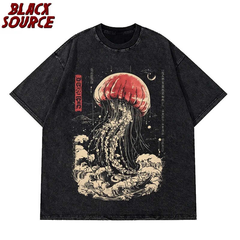 Japanese Top with Math Jellyfish Print, Retro Collar, Harajuku Style, Colorful Men's Short-Sleeve T-Shirt, Swimming, All Sizes Japanese Top with Math Jellyfish Print, Retro Collar, Harajuku Style, Colorful Men's Short-Sleeve T-Shirt, Swimming, All Sizes