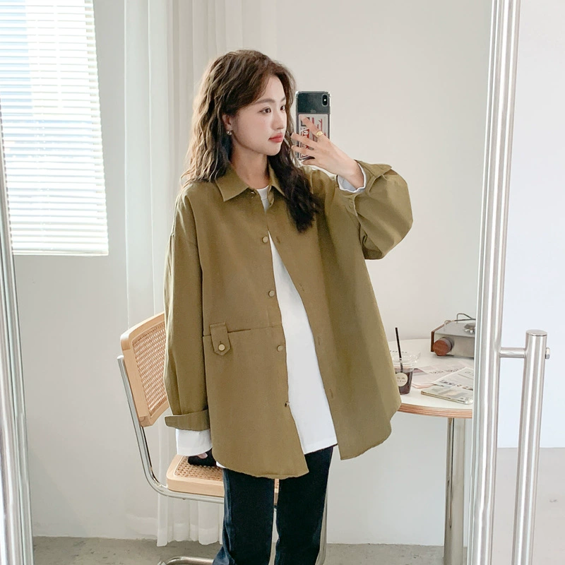 Весенне-осенняя одежда для беременных пальто в Корейском стиле для беременных рубашка пальто Свободный кардиган средней длины больших размеров простой однотонный лацкан