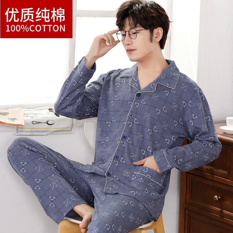Pijamas de los hombres de primavera y otoño de manga larga 100% algodón más tamaño de mediana edad y ancianos papá traje de desgaste para el hogar de los hombres