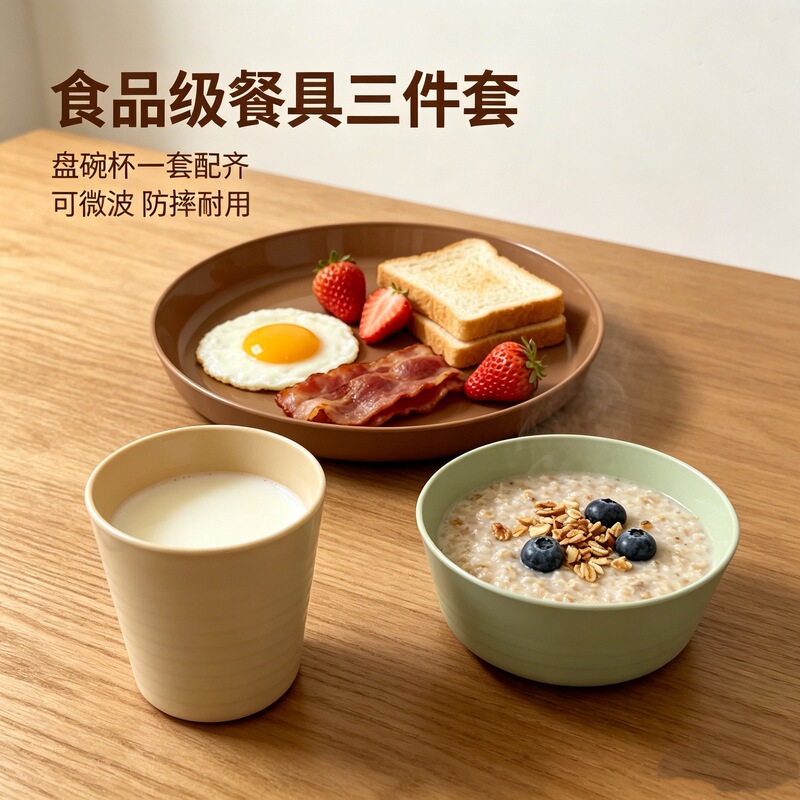 Food Grade Pp Plastic Bowls, Plates and Cups 3-Piece Set Factory Direct Sales High Temperature Resistant Anti-Fall Straw Tableware Can Be Put into the Microwave Oven