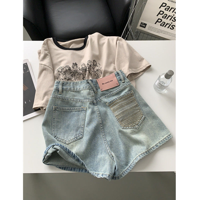 设计感小众粉色皮标牛仔短裤女夏季新款宽松显瘦高腰a字阔腿裤子