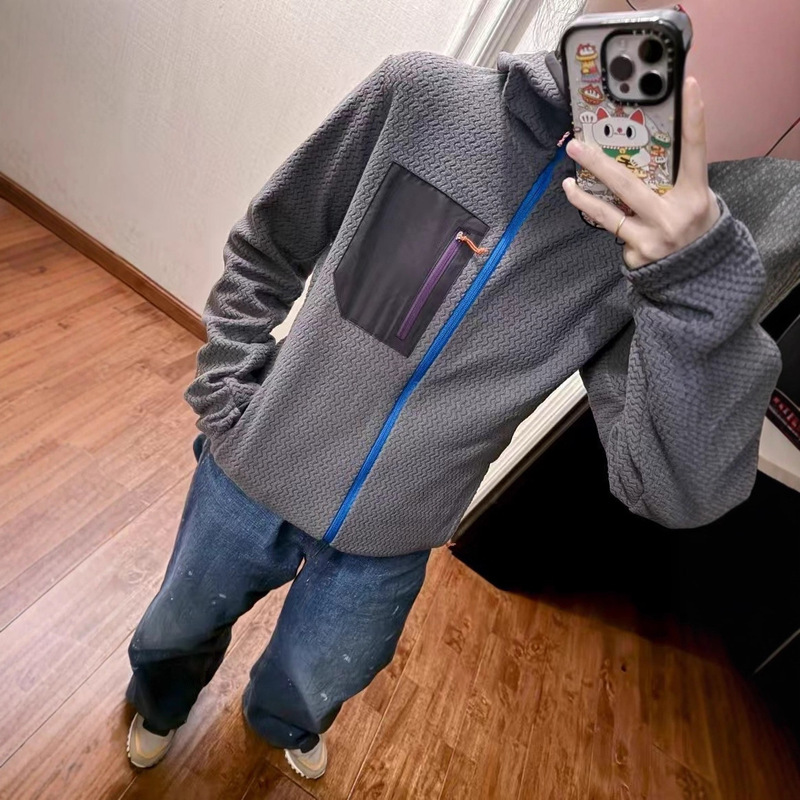 Spring and Autumn Outdoor Wave-Patterned Fleece Jacket, Couple's Style Hooded Zip-Up Cardigan, Lightweight Warm Casual Outerwear Spring and Autumn Outdoor Wave-Patterned Fleece Jacket, Couple's Style Hooded Zip-Up Cardigan, Lightweight Warm Casual Outerwear