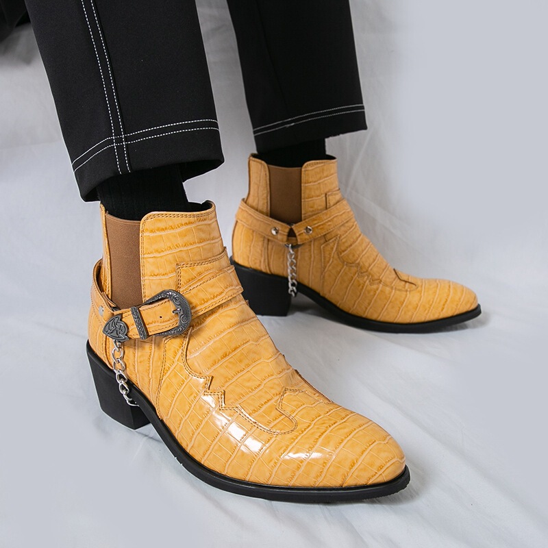 Cross-Border Autumn Large Size Pointed Leather Boots British Style Formal High-Heeled Casual Shoes High-Top Leather Shoes Heightening Short Boots Men's Shoes