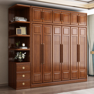 New Chinese-style Walnut Full Solid Wood Bedroom Opposition Log Wardrobe Dressing Table Simple Modern Four-door Wardrobe