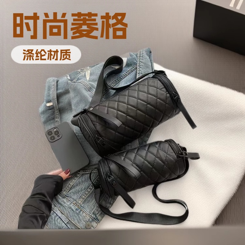 2024春季洋气简约流行菱格圆筒包水桶斜挎包女质感单肩包复古女包