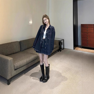 plus size Chubby M Denim Coat Women's Loose Top Early Autumn Fashion Two-piece Denim Skirt suit
