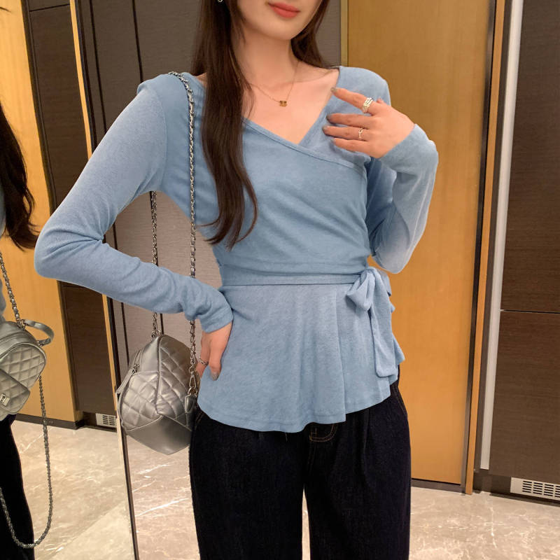 独特超好看交叉v领长袖t恤女2025秋季新款设计感绑带收腰绝美上衣|undefined