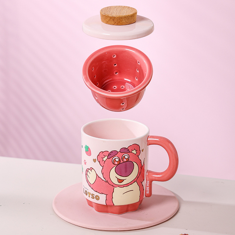 Taza de té de cerámica con tapa de Lotso de Disney, original, para uso doméstico, caja de regalo de alta calidad con diseño de dibujos animados, juego de té de cerámica