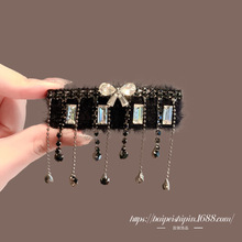 复古黑色水钻流苏水晶花朵发夹长链条弹簧夹侧边边夹顶夹古装配饰